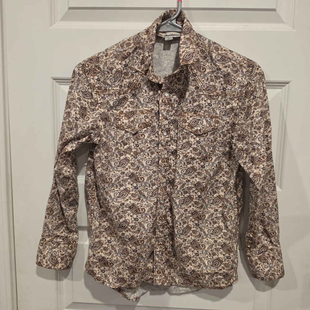 Montana Co Button Down Shirt Boys Large Tan Cotton Western Paisley Pearl Snap